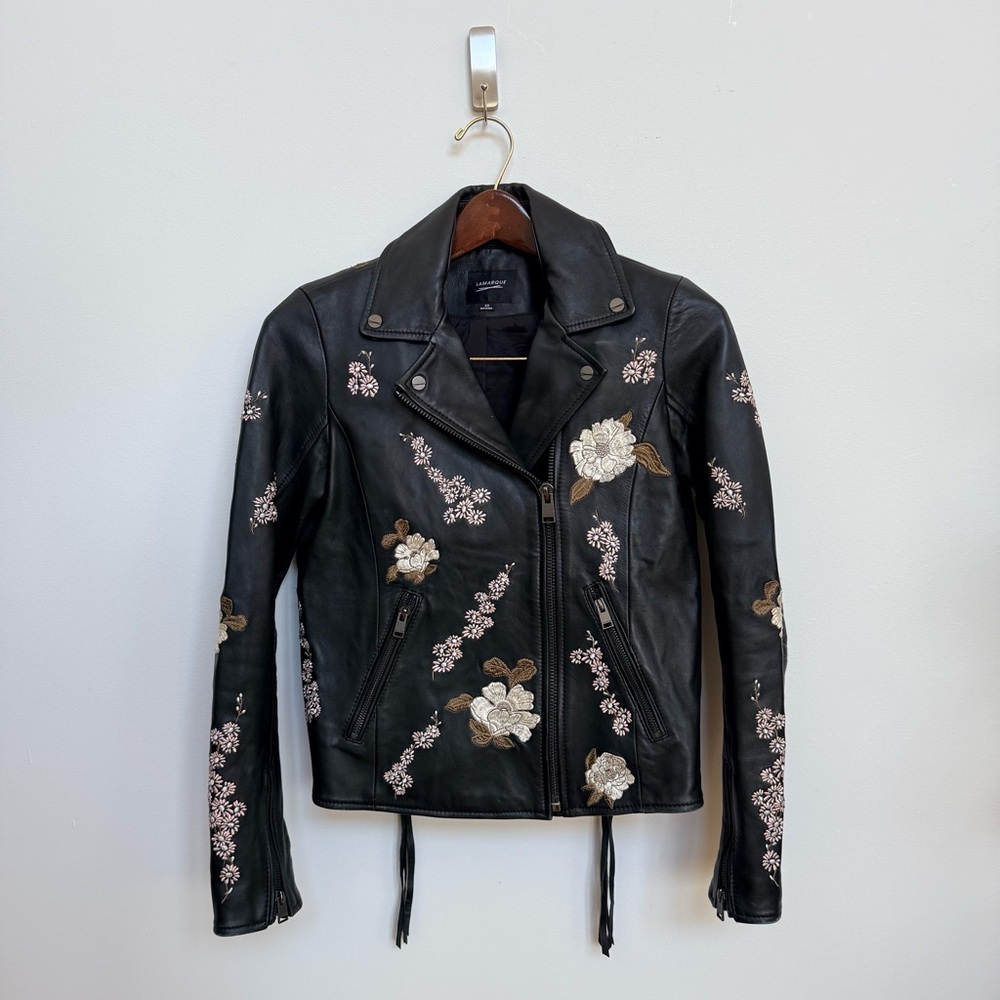 LAMARQUE Floral Embroidered Black Leather Moto Jacket XS - Picture 11 of 11